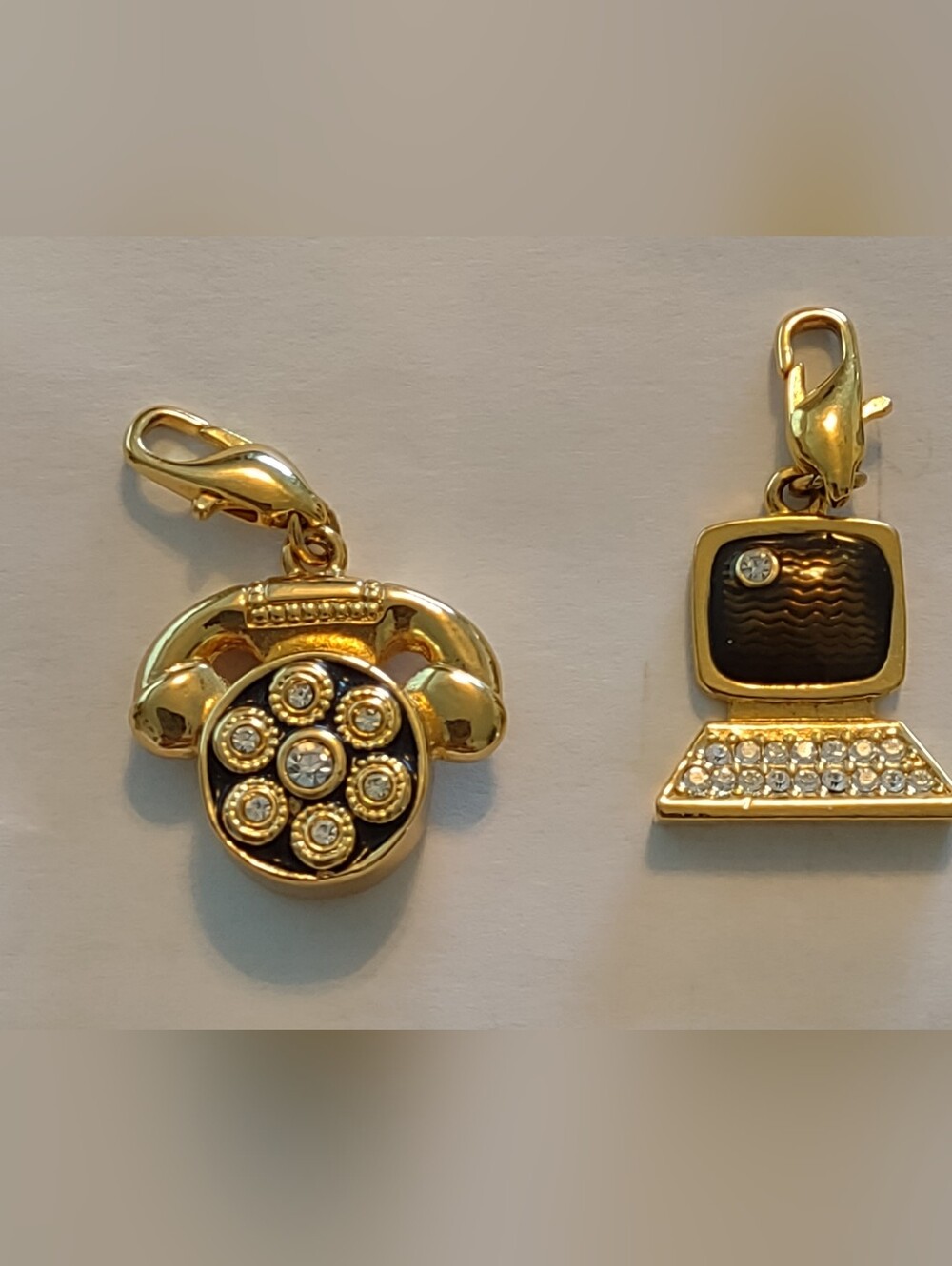 Vintage Charm Pendant  PC Computer & Rotary Phone Gold Plated Rhinestone Lobster